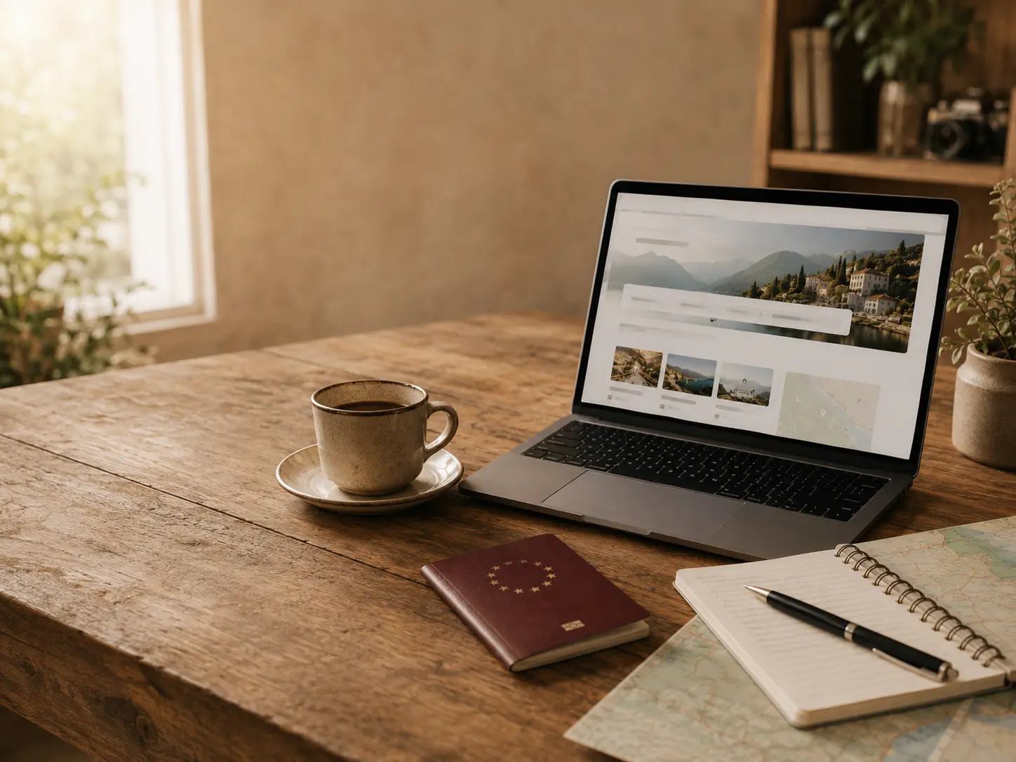 Laptop, Reisepass, Karte und Notizbuch auf einem Tisch als Symbol für Reiseplanung und Reise Know-how.