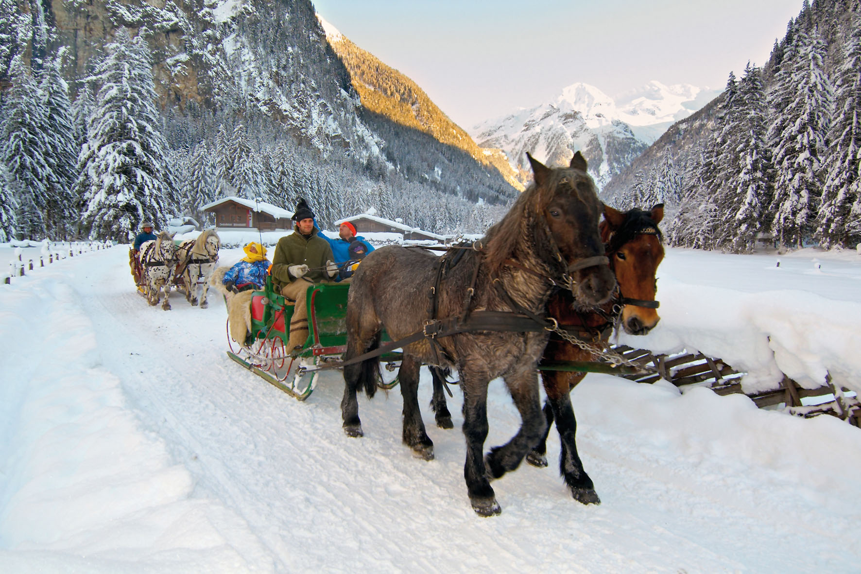Eine Fahrt mit dem Pferdeschlitten in der Winterlandschaft des Nationalparks Hohe Tauern bietet Vergnügen für die ganze Familie und Romantik für Verliebte. 	Eine Fahrt mit dem Pferdeschlitten in der Winterlandschaft des Nationalparks Hohe Tauern bietet Vergnügen für die ganze Familie und Romantik für Verliebte.  djd/Bad Gastein Tourismus 