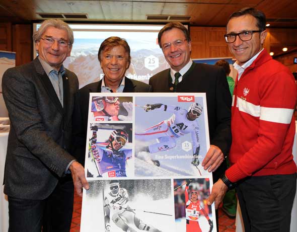 Feierten 25 Jahre Partnerschaft: Klaus Leistner (ÖSV Generalsekretär), Peter Schröcksnadel (ÖSV Präsident), LH Günther Platter, Josef Margreiter (Geschäftsführer Tirol Werbung, v.l.). Bild: Tirol Werbung / Spiess Feierten 25 Jahre Partnerschaft: Klaus Leistner (ÖSV Generalsekretär), Peter Schröcksnadel (ÖSV Präsident), LH Günther Platter, Josef Margreiter (Geschäftsführer Tirol Werbung, v.l.). Bild: Tirol Werbung / Spiess